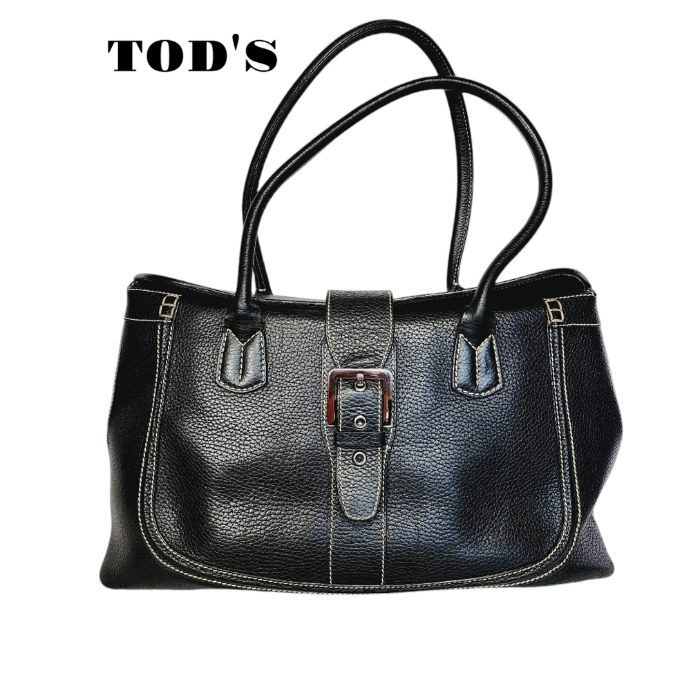 Tod's Double Handle Pebbled Leather  Buckle Satchel Tote Bag.